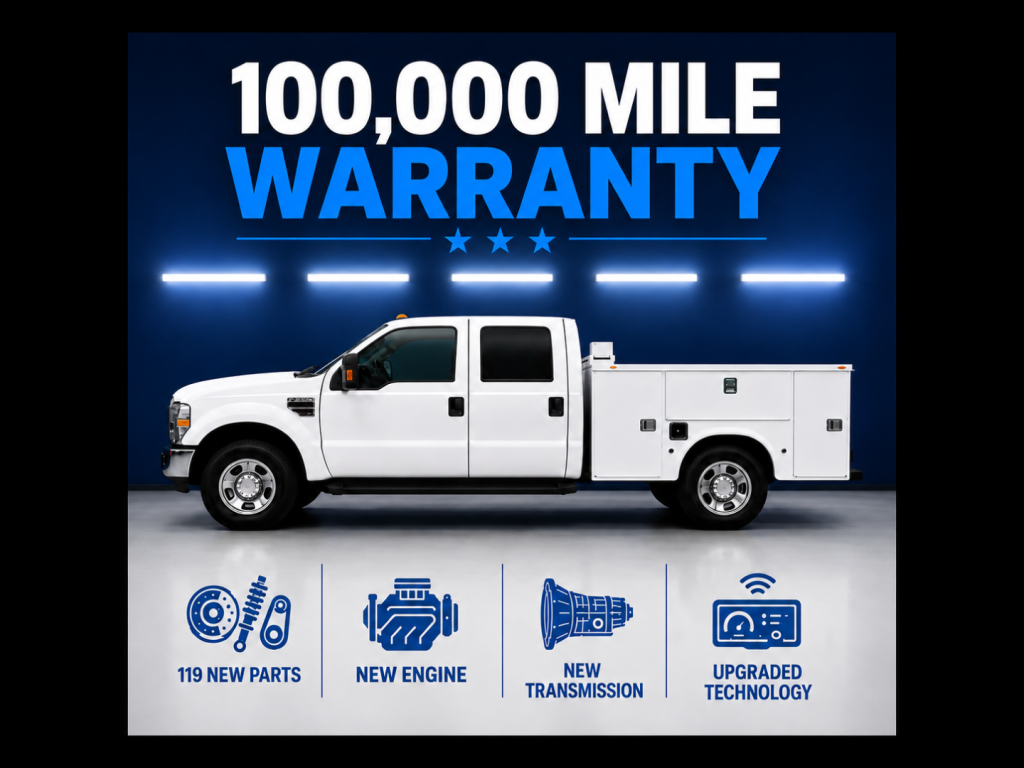 Ford F-250 service/utility truck profile showing 100,000 mile warranty graphic and a white crew cab with utility bed.