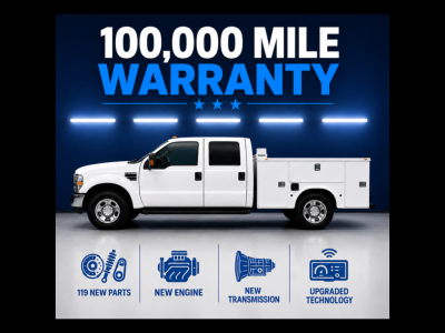 Ford F-250 service/utility truck profile showing 100,000 mile warranty graphic and a white crew cab with utility bed.
