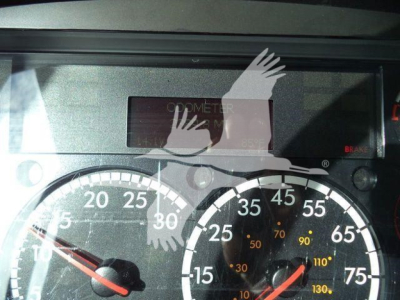 Dashboard of truck showing speedometer gauges with numbers 0-75 and digital odometer window; partial view of steering area.