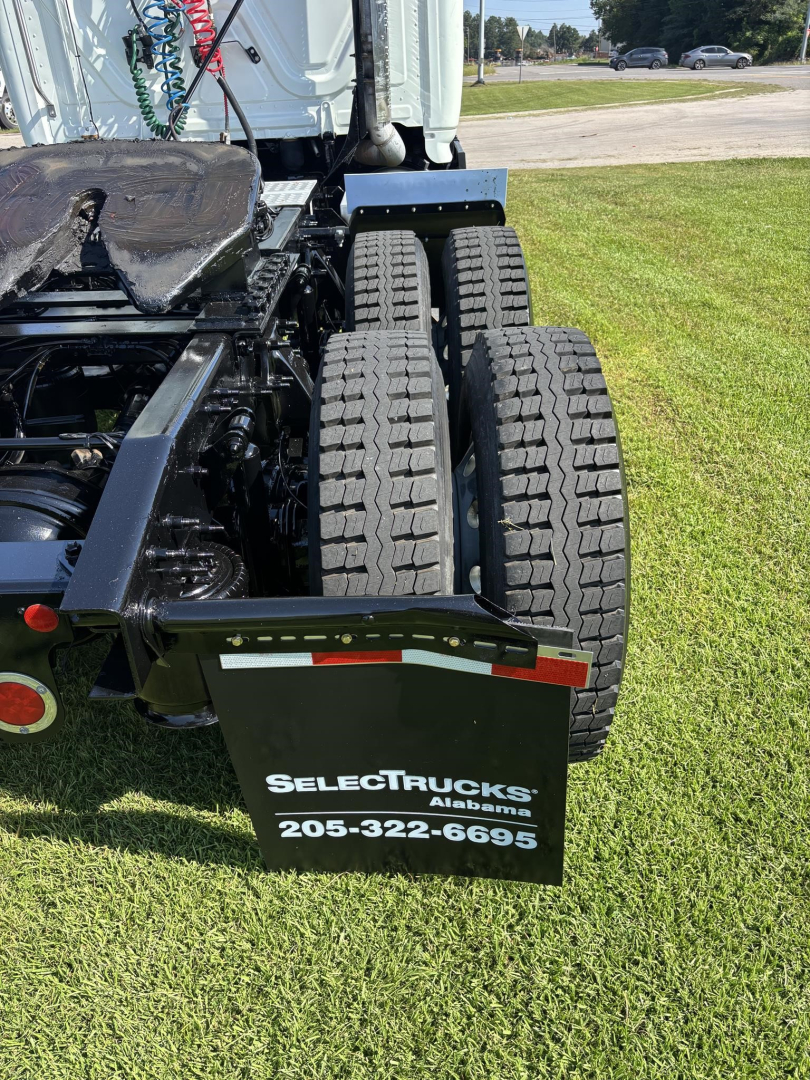 Freightliner Cascadia 126 rear view showing dual rear axles and mudflap with SelectTrucks Alabama contact number.