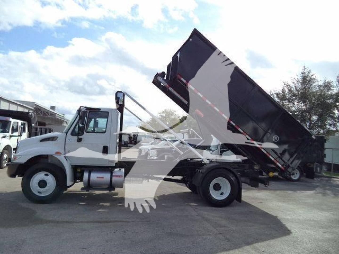 Truck in-service 2019 International Durastar 4300 roll-off with tilted dump bed, side profile showing cab, dual rear wheels, and VIN sticker area.