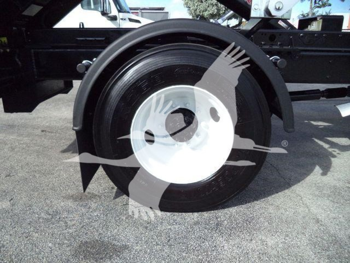 Wheel and chassis of a 2019 International Durastar 4300 rolloff truck showing a large steel tire with white center hub and surrounding black rim.