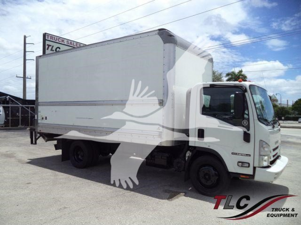 Isuzu NPR-HD box truck exterior side view showing cargo box and cab. Visible text includes truck body inventory watermark and TLC logo on image.