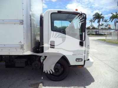 Isuzu NPR HD box truck cab and front wheel visible.