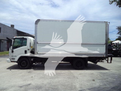 Isuzu NPR HD box truck side view with cab and cargo box, no visible text on body.