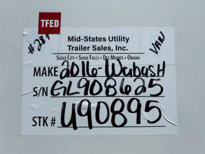 Trailer label on 2016 Wabash van showing stock number U90895 and VIN 1JJV532D8GL908625; handwritten make/model: 2016-Wabash; STK# U90895; TEED tag; list note: Mid-States Utility Trailer Sales, Inc. and Van category.