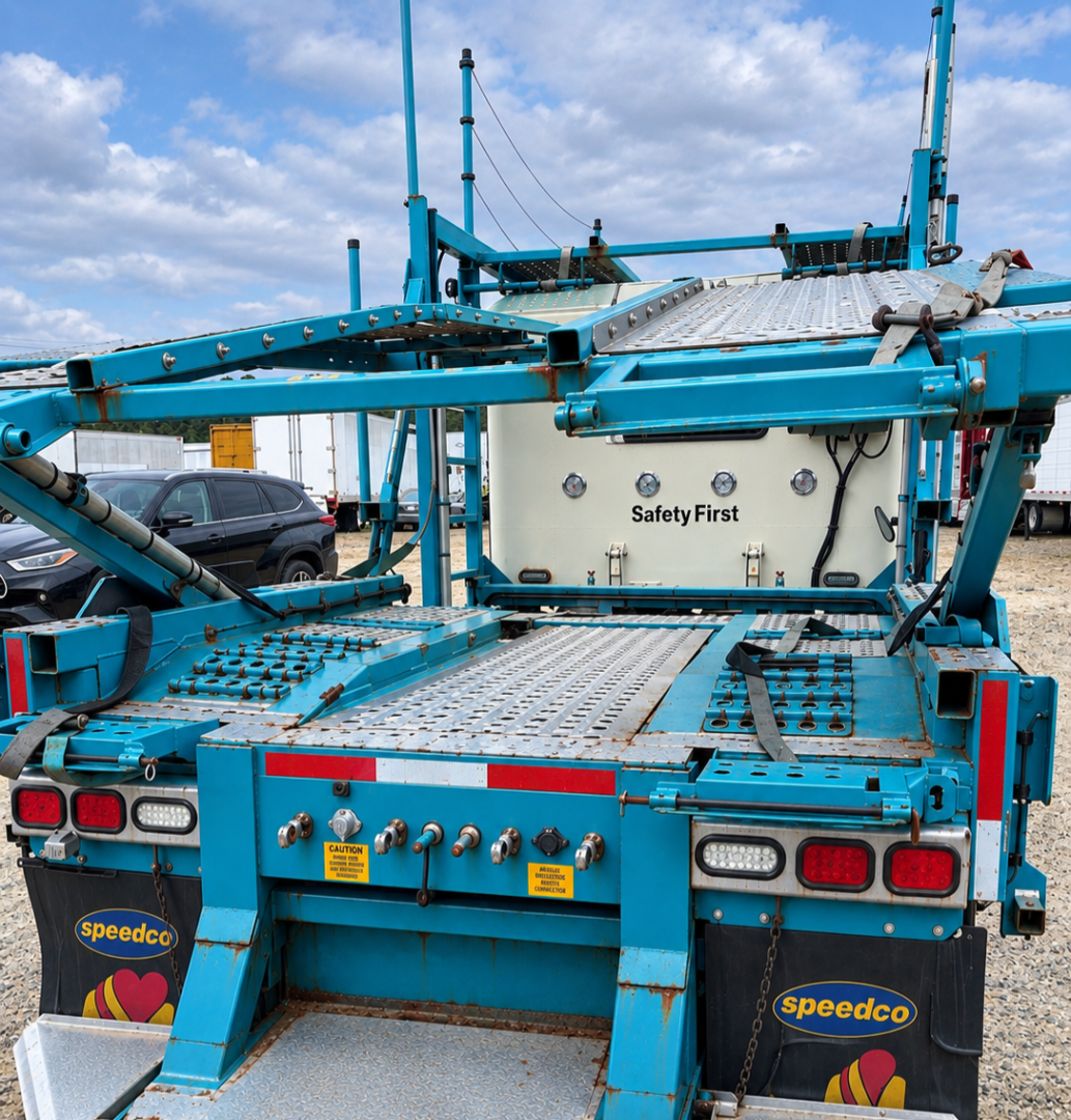 Blue auto carrier trailer rear end with access stairs and controls, SpeedCo mud flaps, Safety First center console, and metal decking visible.