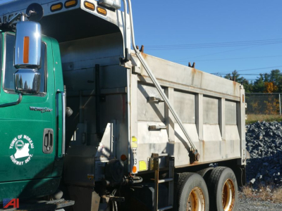 International WorkStar 7600 dump truck with plow and wing configuration showing green cab and large gray dump bed.