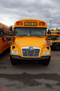 School bus front view showing bright yellow exterior, hood ornament, and 'SCHOOL BUS' sign on top of windshield.