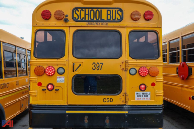 School bus rear view showing Emergency Door, 'SCHOOL BUS' sign, 397 number, and various lights.