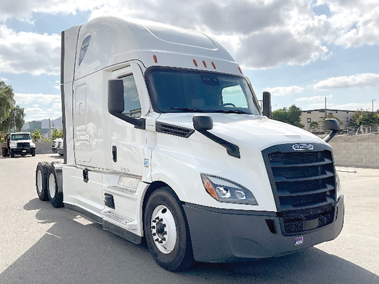 Truck: 2022 Freightliner Cascadia126 sleeper tractor, white, front three-quarter view, VIN plate area and Freightliner emblem visible.