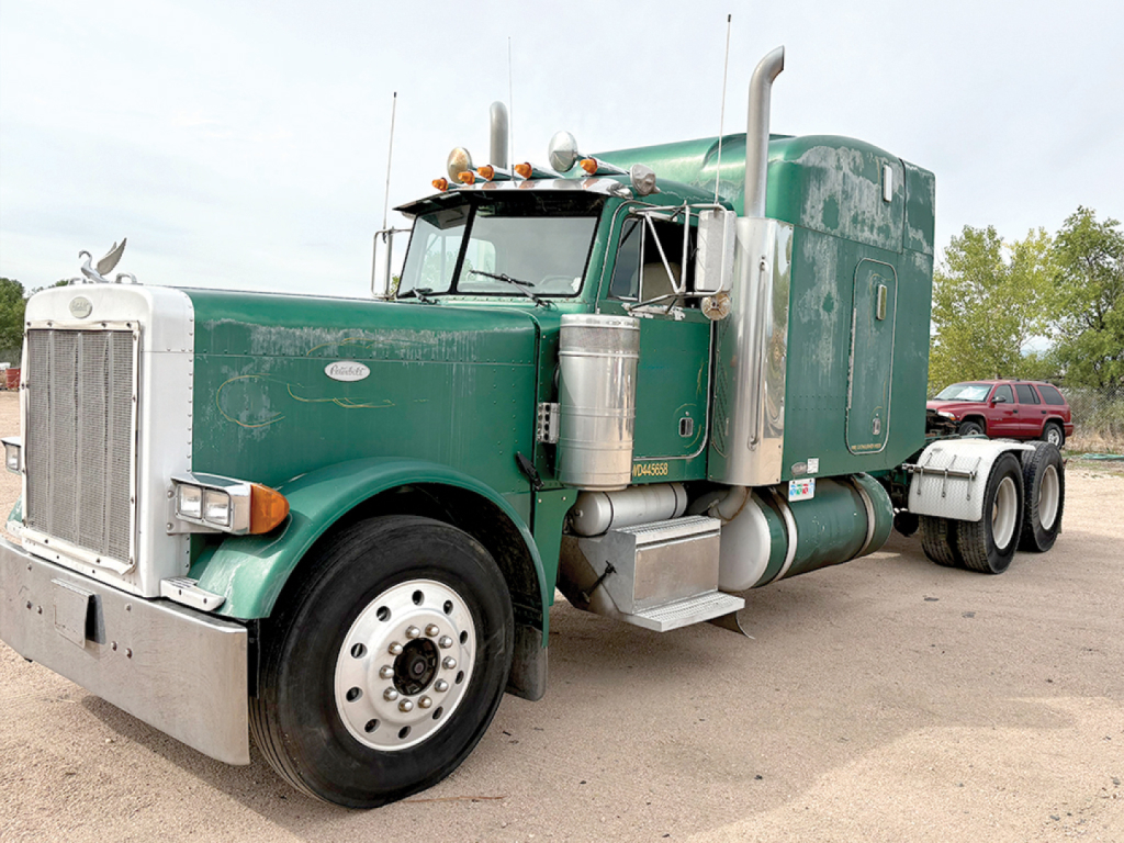 Peterbilt 379 tractor-trailer with extended hood in green and white, front grille, chrome fuel tanks, and sleeper cab.