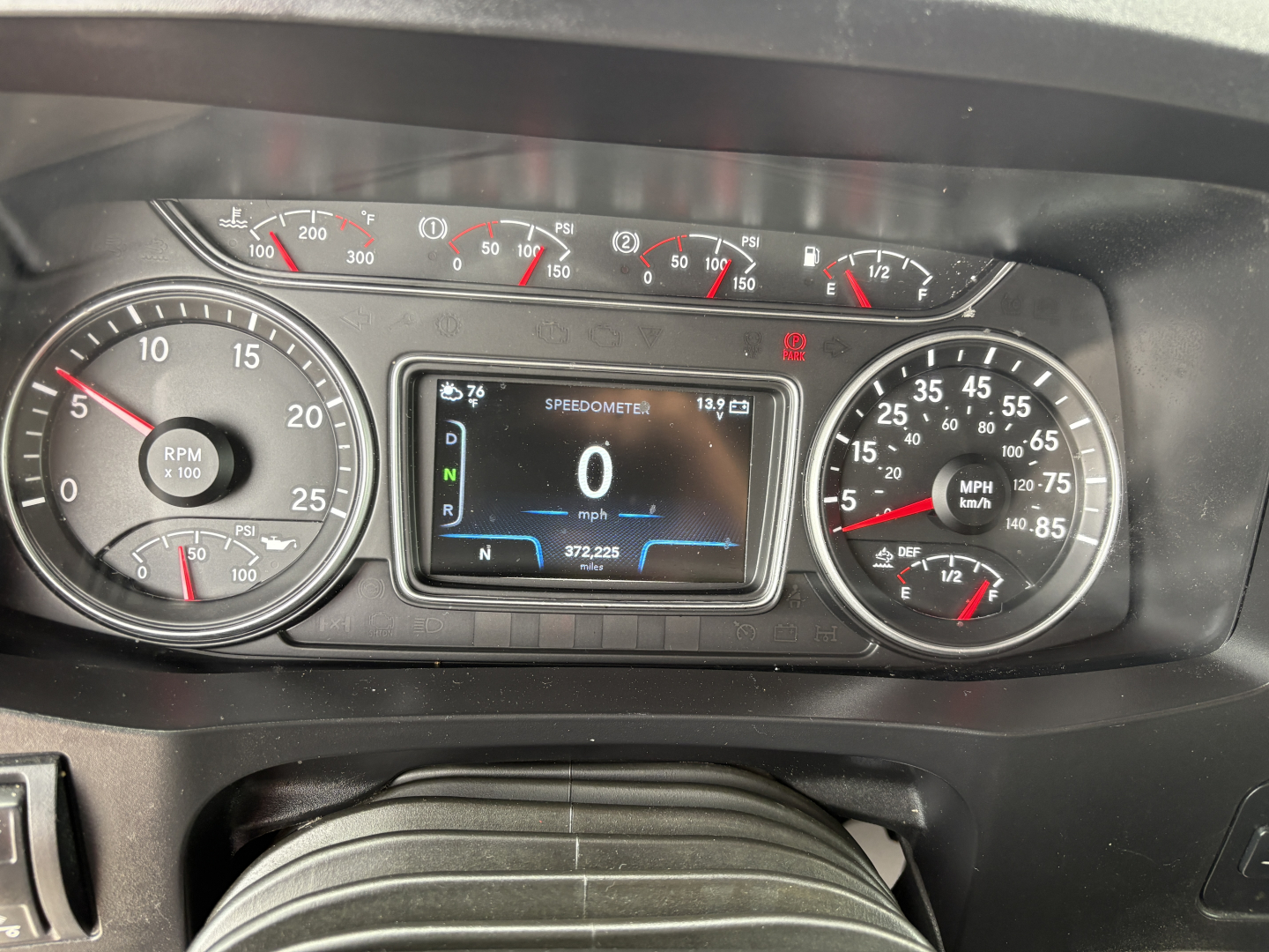 Interior dash of a 2022 International LT showing instrument cluster with center digital display reading 0 mph, speedometer, tachometer, fuel gauge, and warning indicators.