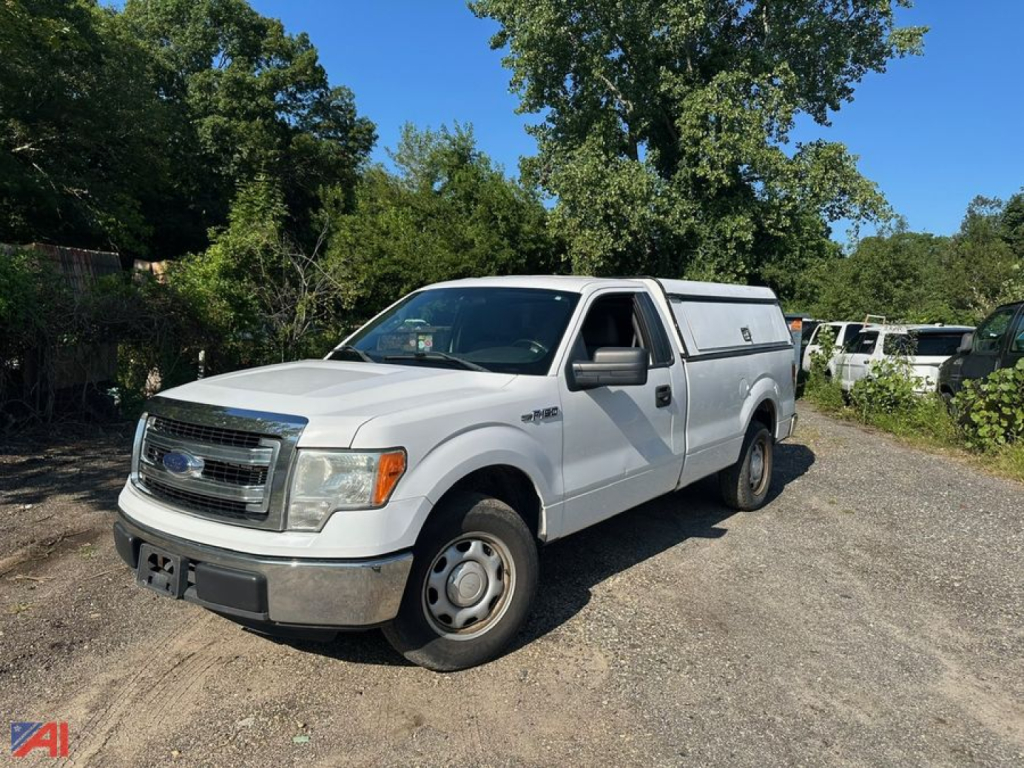 Ford F-150 pickup truck with cap, 2014 model, white, 2WD, side view in a yard.