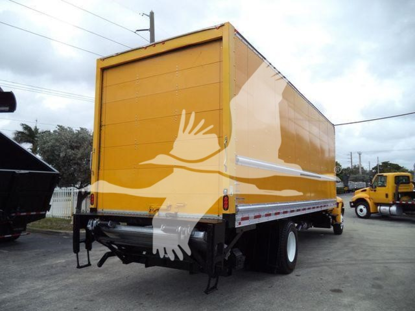 Box truck rear view with yellow cargo box, black undercarriage, and white-and-black bumper. Visible text not legible.
