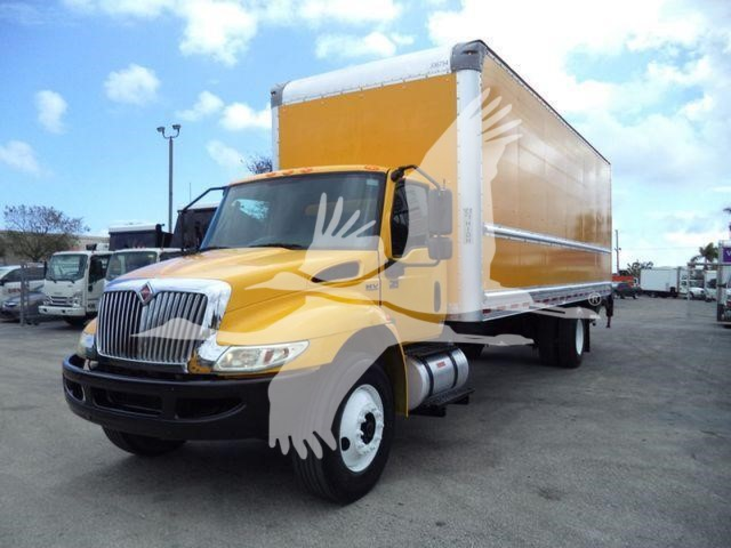 International MV box truck with yellow cargo box and cab, front-left view, clear daytime. No visible labels readable on the image.