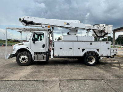 Truck side profile of a 2014 Freightliner M2 106 bucket truck with a mounted aerial lift and utility compartments, branding shows 'Atec' on boom.