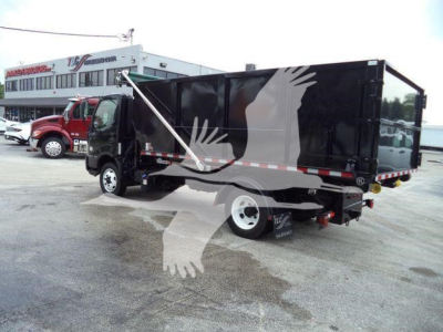 Truck: 2019 Hino 195 roll-off in black with graphic bird design, side view showing cargo bed and cab, rear view with taillights.