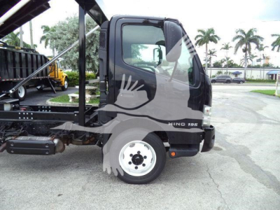 Hino 195 roll-off truck side view showing cab and wheel with model badge F10 195 on door.