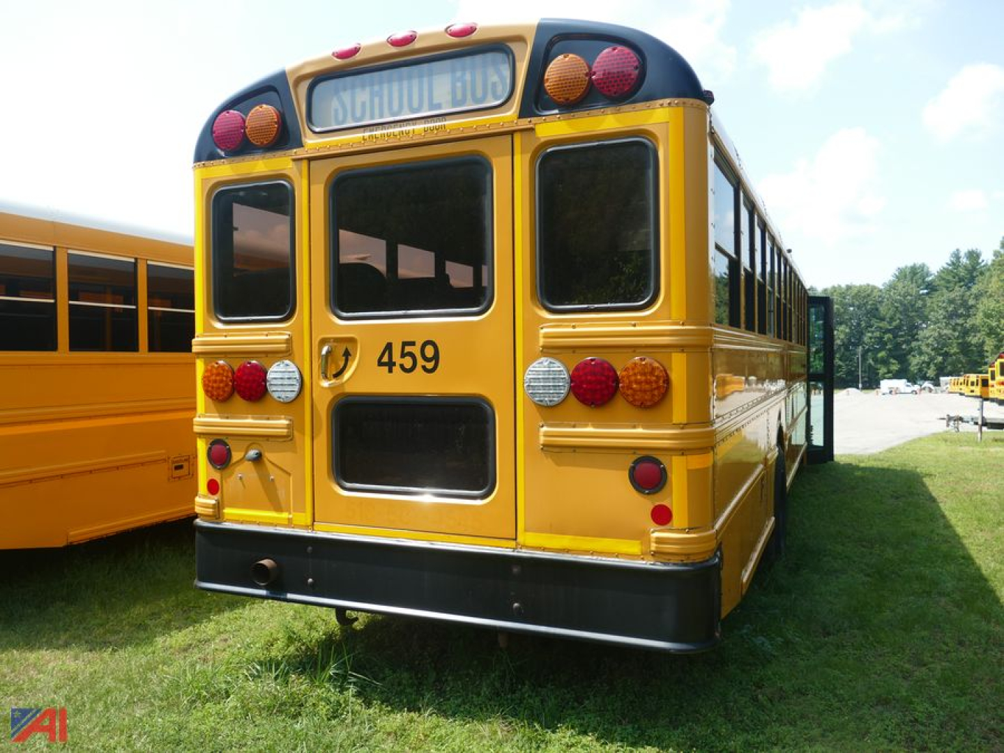 School bus rear view showing number 459 and a raised tail with lights, yellow body, back door, and large windows.