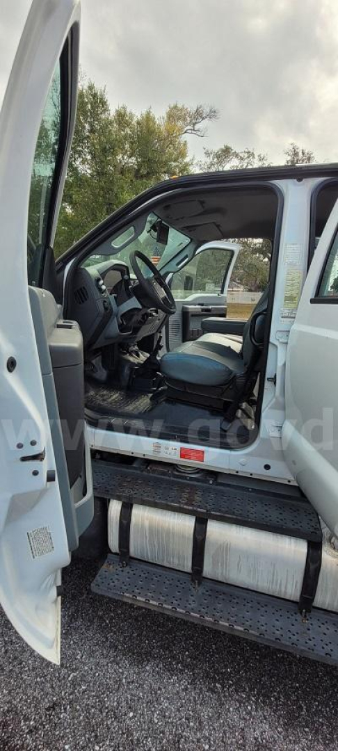 Ford F-650 cab interior and open driver door showing seating and dashboard..