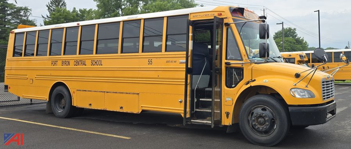 Bus showing 2019 Freightliner Thomas B2 Saf-T-Liner C2 school bus in yellow with side lettering and open door