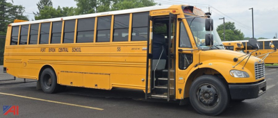 Bus showing 2019 Freightliner Thomas B2 Saf-T-Liner C2 school bus in yellow with side lettering and open door