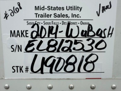 Tag reads: Mid-States Utility Trailer Sales, Inc. Make 2014 Wabash S/N EL812530 STK # U90818 VIN 1JJV532D3EL812530. handwritten notes including '2014 Wabash' and stock number U90818.