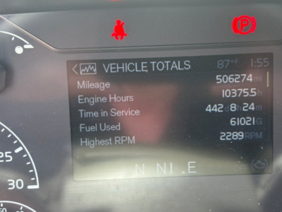 Volvo VNL64T760 dashboard display showing Vehicle Totals: Mileage 506274 mi, Engine Hours 10375.5 h, Time in Service 442 d 8 h 24 m, Fuel Used 6102 gal, Highest RPM 2289, and gear indicator N N I L E.