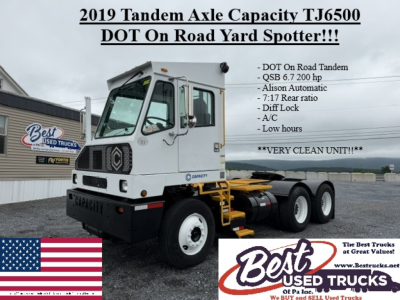 Capacity TJ6500 yard truck showing DOT on Road Tandem Axle Capacity TJ6500 text and Best Used Trucks logo.