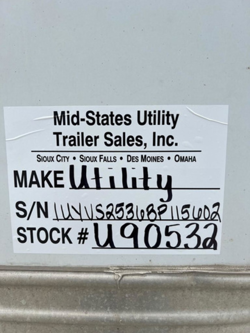 Sticker on trailer showing Mid-States Utility Trailer Sales, Inc. Make Utility with S/N U90532 stock number U90532.
