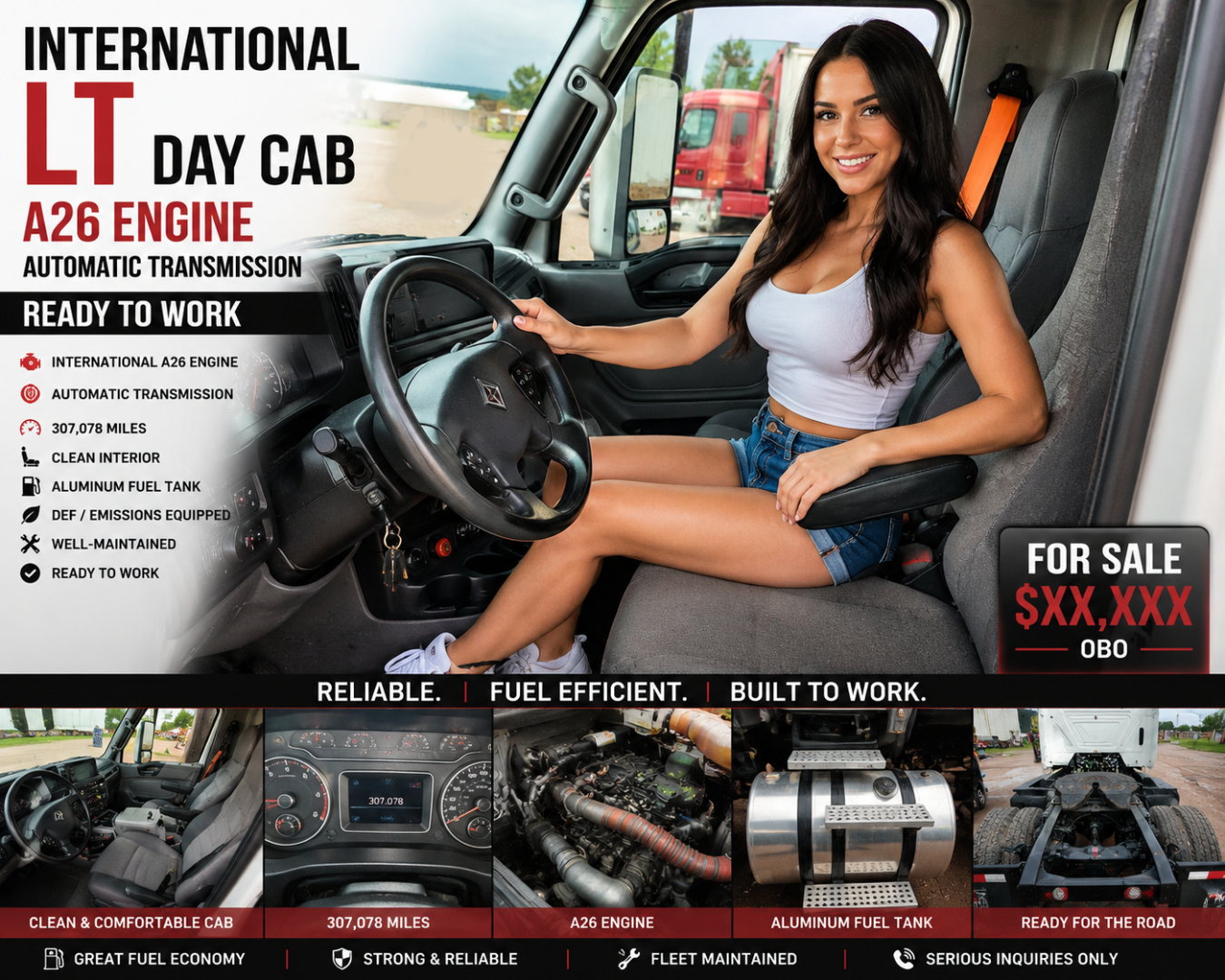 Interior of 2020 International LT day cab showing A26 engine, automatic transmission, and steering wheel; multiple small images of engine and components along bottom edge; truck for sale banner.