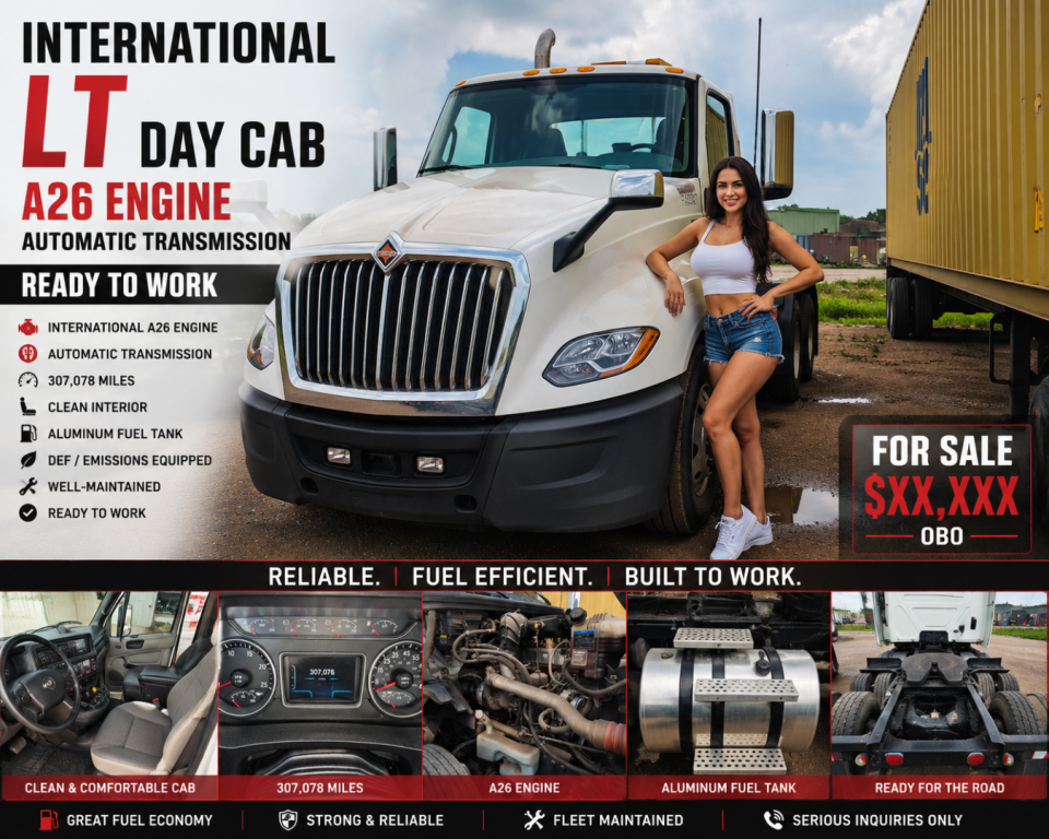 International LT day cab truck with A26 engine, chrome grille, and a model posing by the cab; graphics highlight features like automatic transmission, 30,7xx miles, clean interior, fuel tank, DEF/emissions; For Sale label.