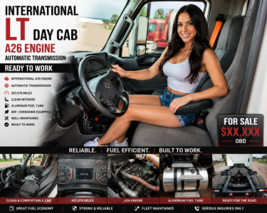 Interior of 2020 International LT day cab showing A26 engine, automatic transmission, and steering wheel; multiple small images of engine and components along bottom edge; truck for sale banner.