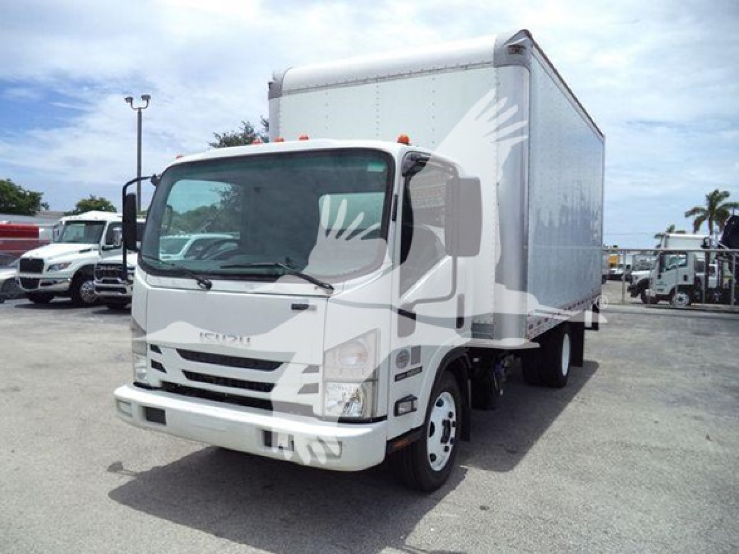 Isuzu NRR box truck 2019 in-service condition front-left view showing cab and box body with stock number T00719.
