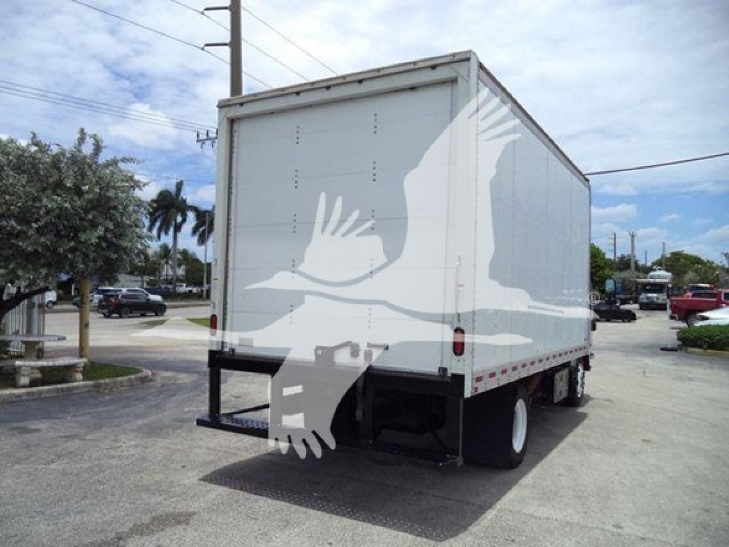 Isuzu NRR box truck rear/side view showing cargo box and rear bumper; large white bird graphic on the box walls; wheel and undercarriage visible.