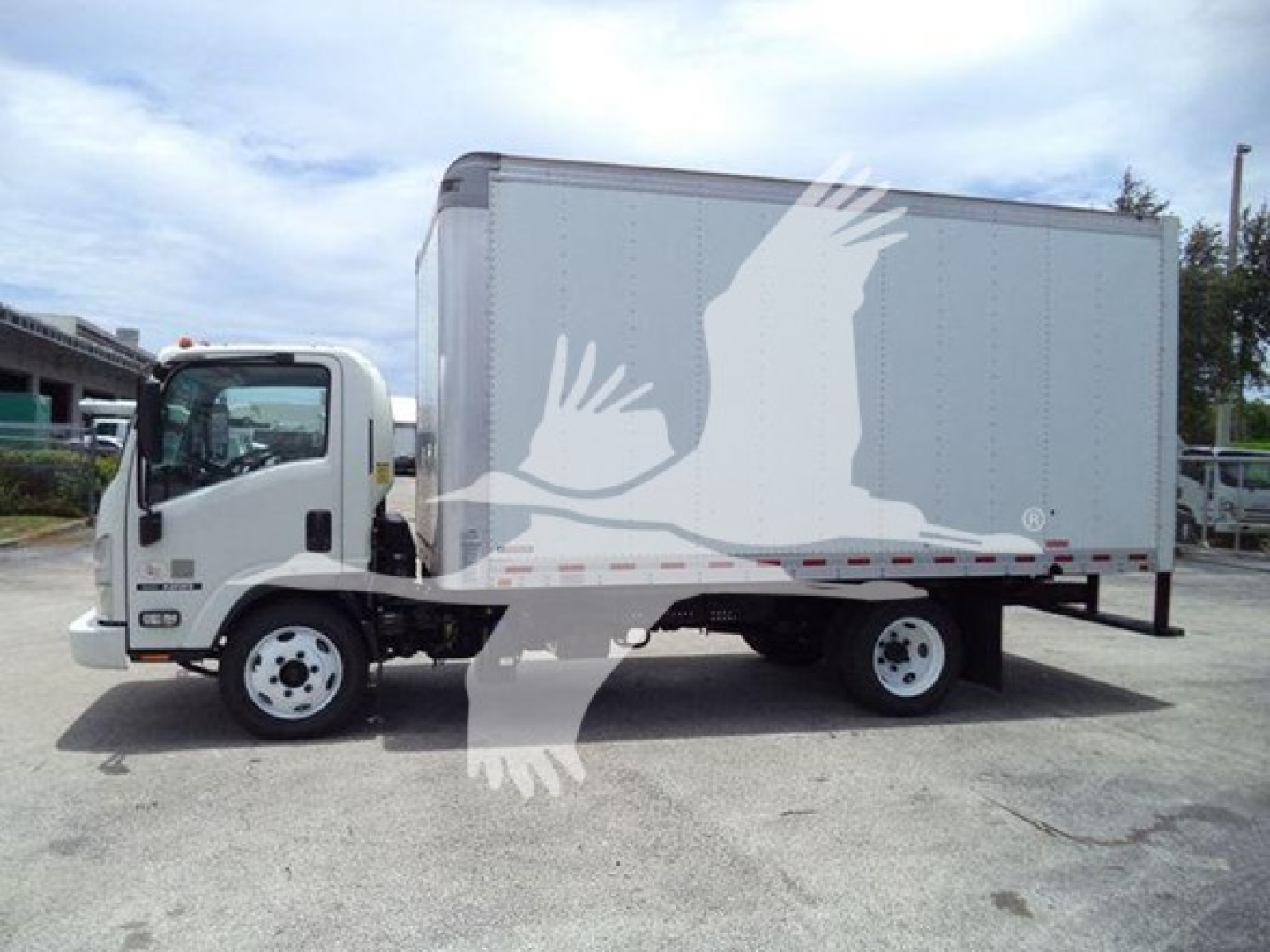 Isuzu NRR box truck side view showing cargo box and cab with white wheels.