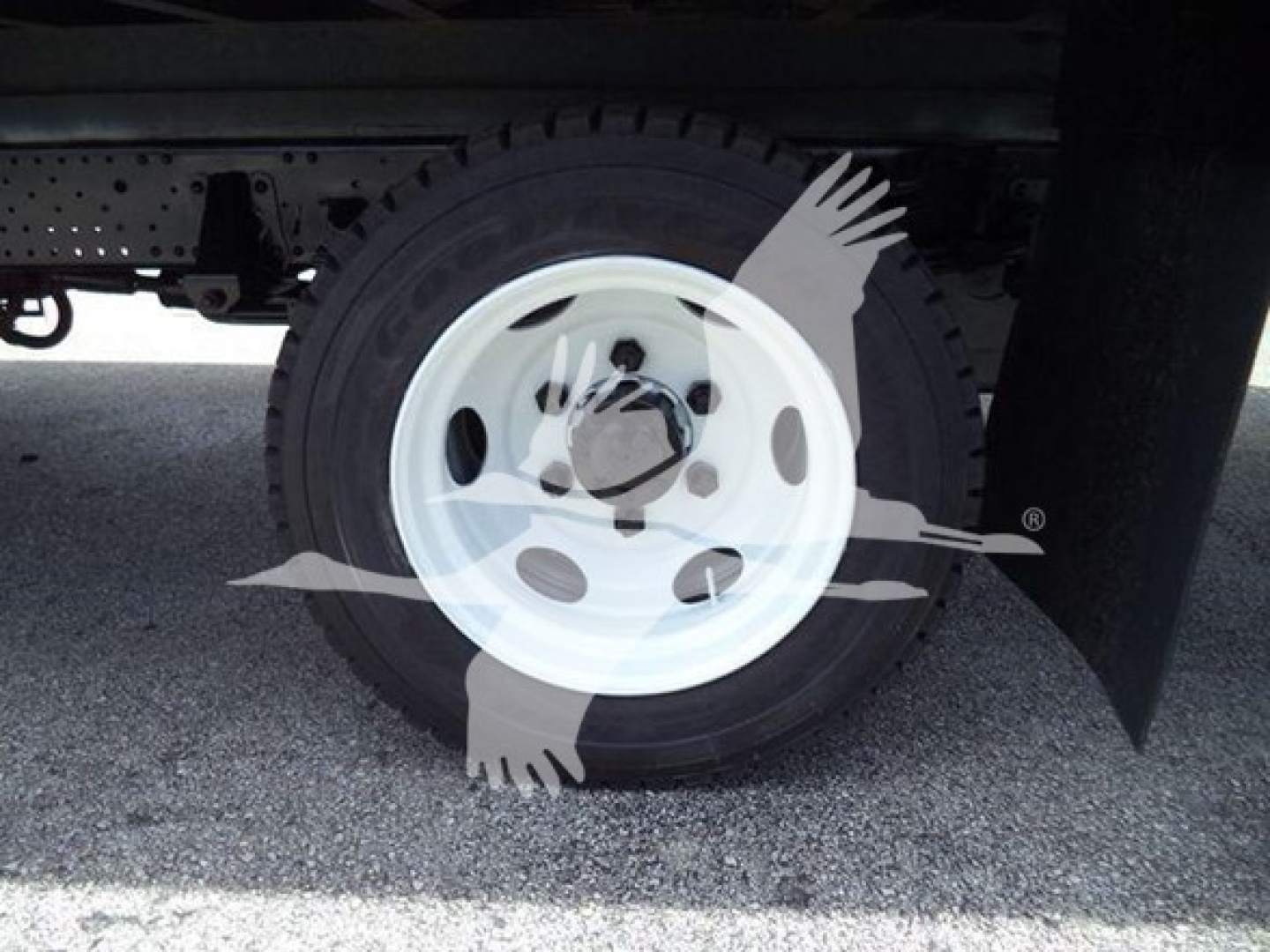 Isuzu NRR wheel and tire under truck with white rim and black tire; partial chassis visible.