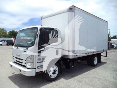 Isuzu NPR/NRR box truck showing cab and a large box cargo area with stock number plate and VIN tag visible.