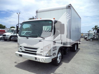 Isuzu NRR box truck 2019 in-service condition front-left view showing cab and box body with stock number T00719.