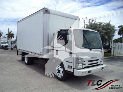 Isuzu NRR box truck with white cab and large box cargo area, front view in a lot.