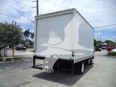 Isuzu NRR box truck rear/side view showing cargo box and rear bumper; large white bird graphic on the box walls; wheel and undercarriage visible.