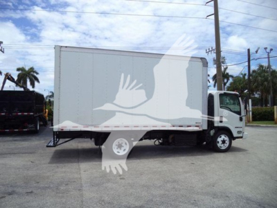 Isuzu NRR box truck from side view showing cargo box and cab with stock number T00719 and VIN JALE5W165K7300719.