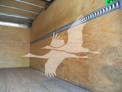 Isuzu NRR truck cargo area with wooden walls and a large white bird graphic on the side.