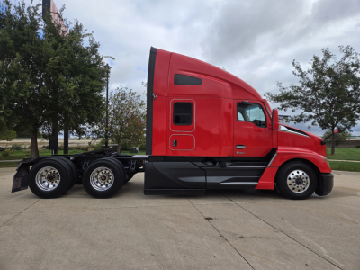 Kenworth T680 front cab and long red tractor with sleeper, side profile showing wheels and chassis.