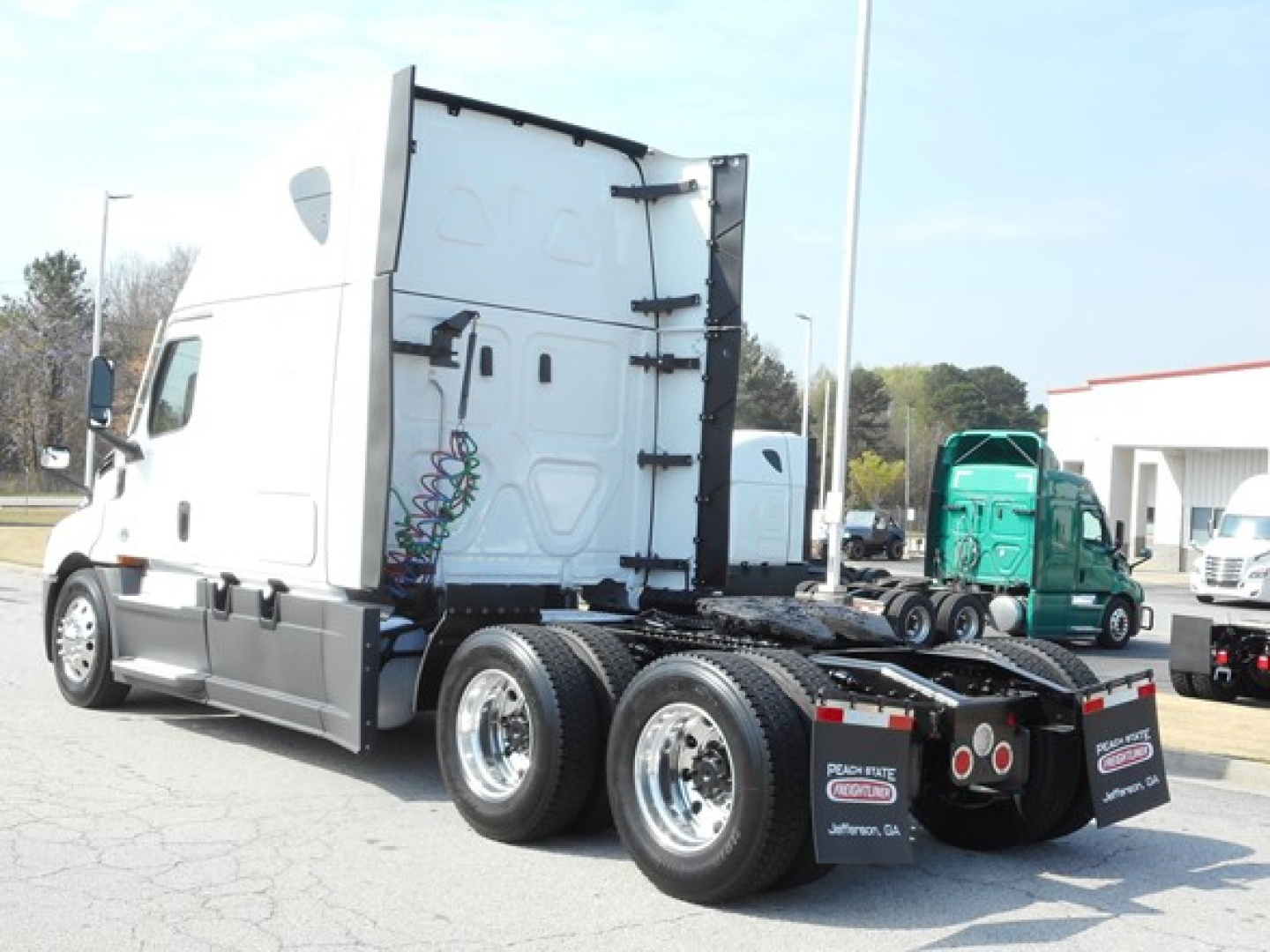 Truck chassis and cab rear view showing the Freightliner Cascadia 126 tractor with dual rear axles and fifth wheel, visible decal area and side mirrors.