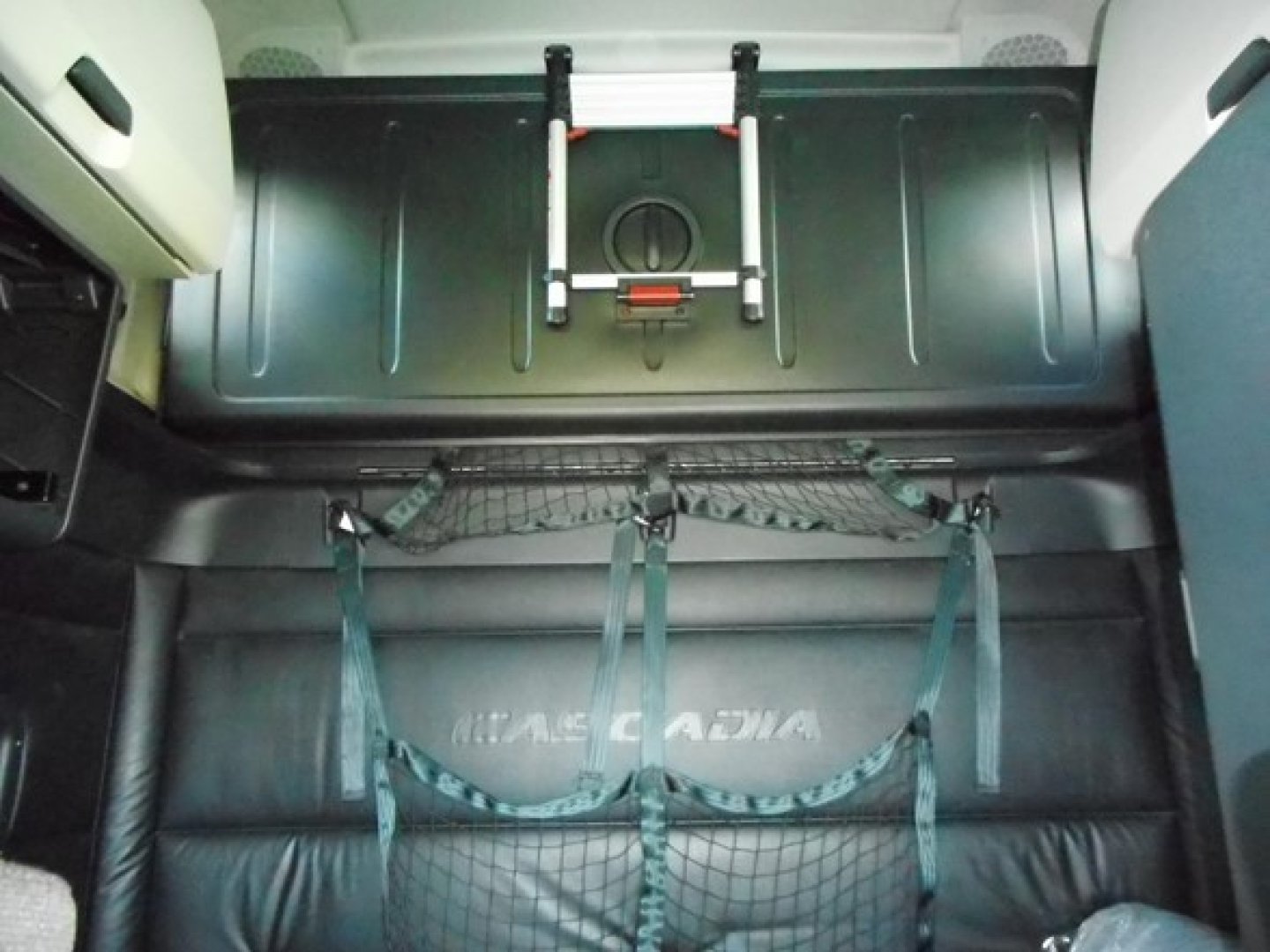 Interior sleeper cab of a Freightliner Cascadia showing cargo strap netting on black leather seat and overhead storage panel