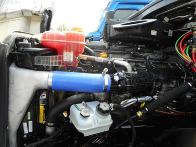 Freightliner Cascadia engine bay showing coolant reservoir, blue intercooler hose, and various engine components.