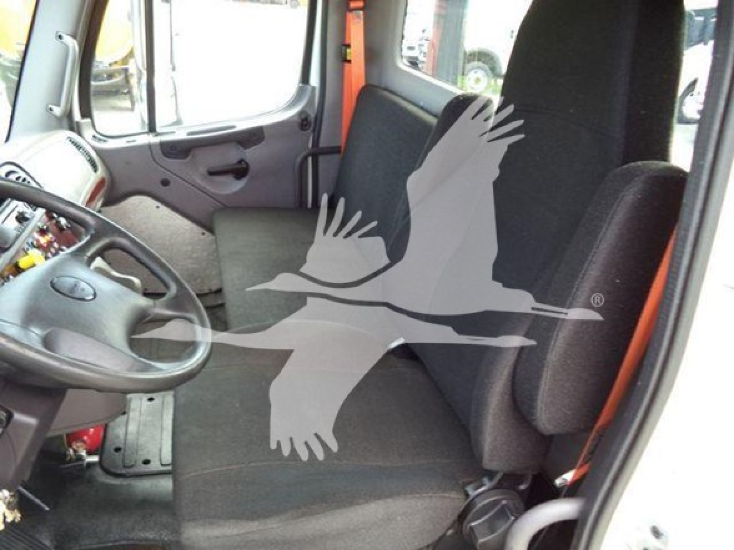Truck cab interior showing steering wheel and driver's seat with a large watermark of birds across the image.