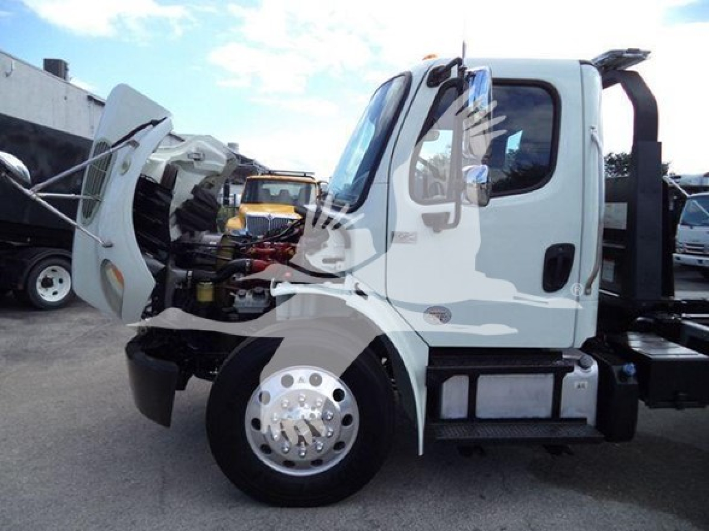 Truck cab of a 2019 Freightliner Business Class M2 106 with hood open, showing engine bay and front wheel on a rollback tow truck.